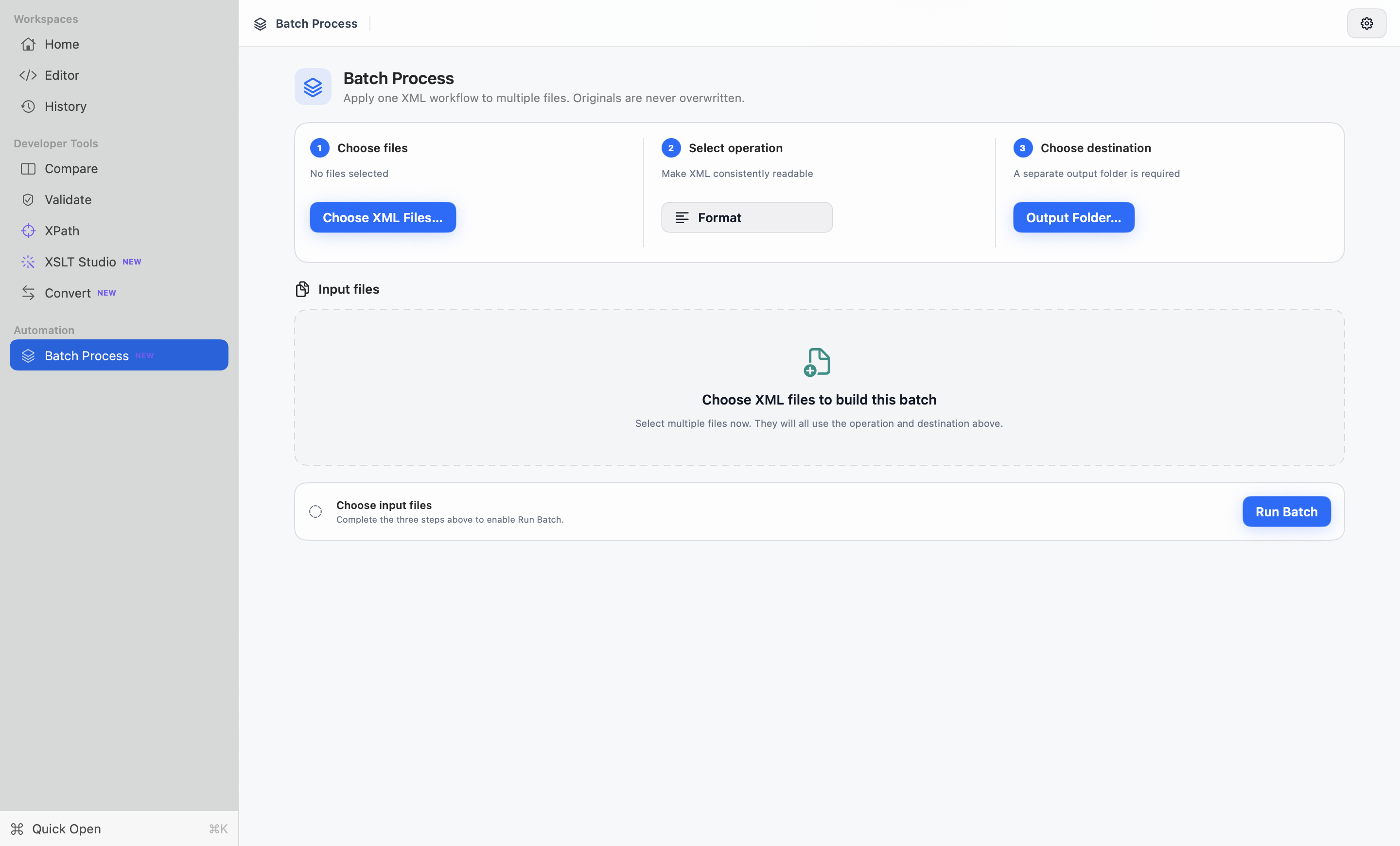 XML Lens batch processing workspace