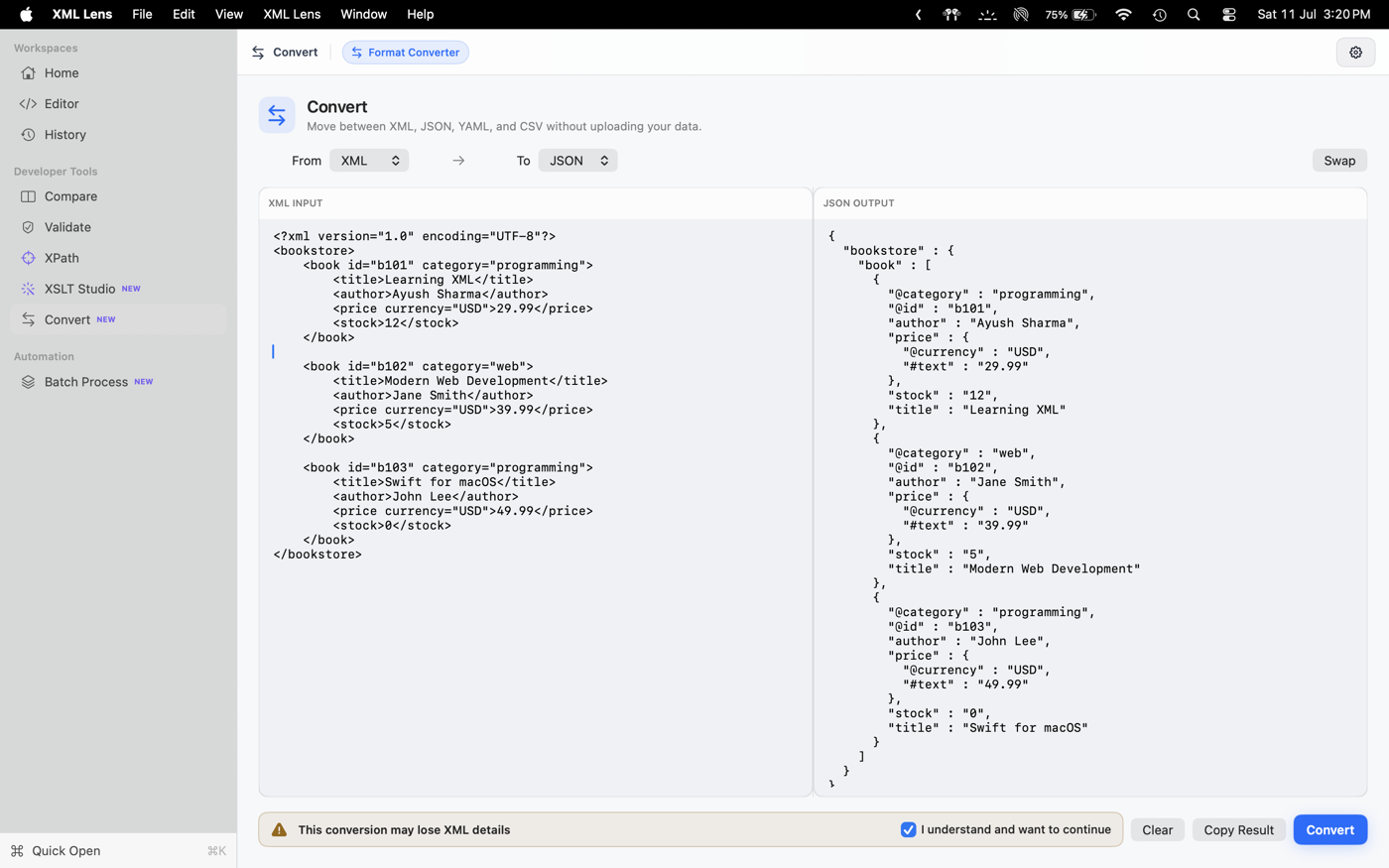 XML Lens converting XML to JSON in a side-by-side workspace