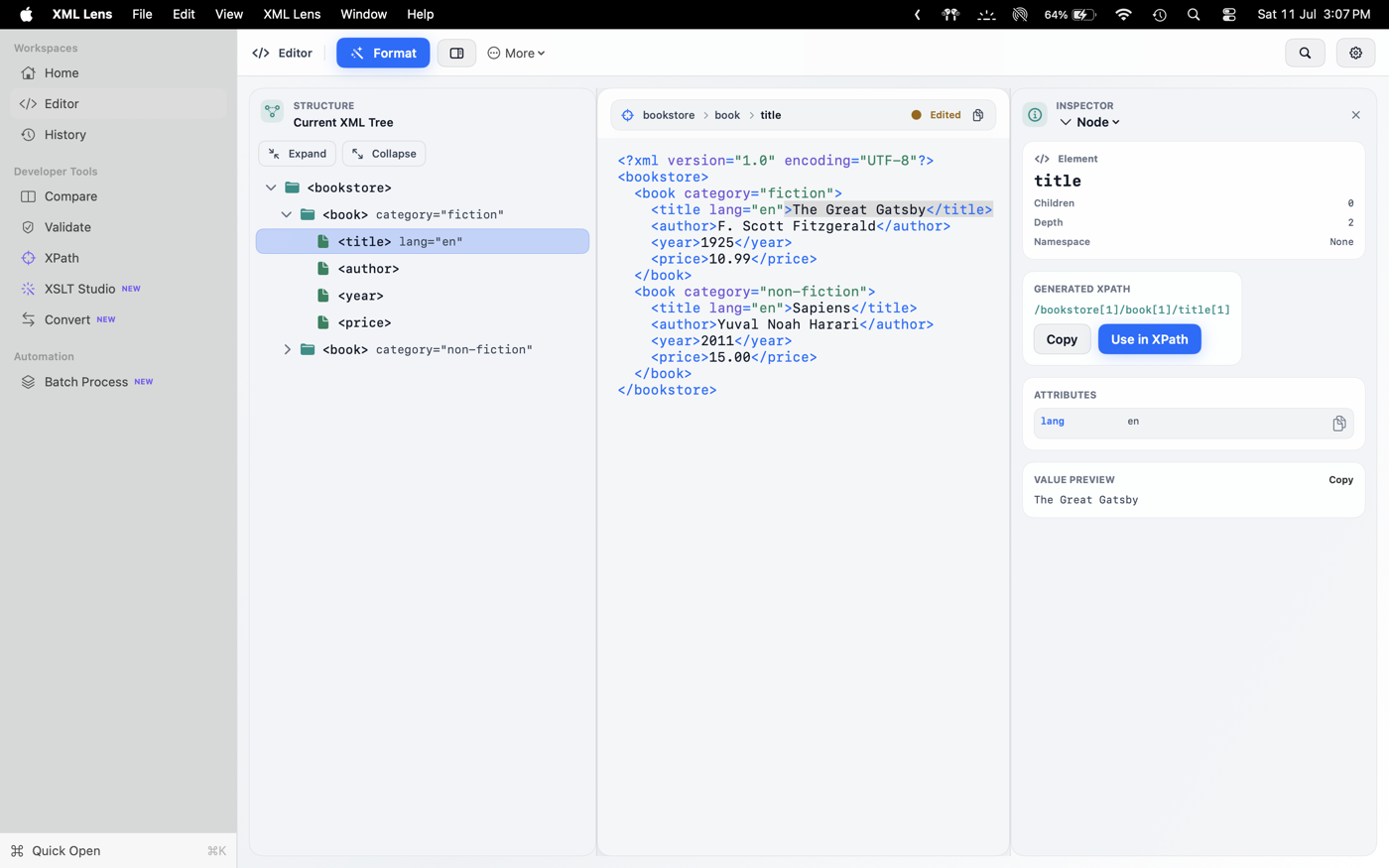 XML Lens editor showing a structure tree, syntax-highlighted XML, and node inspector