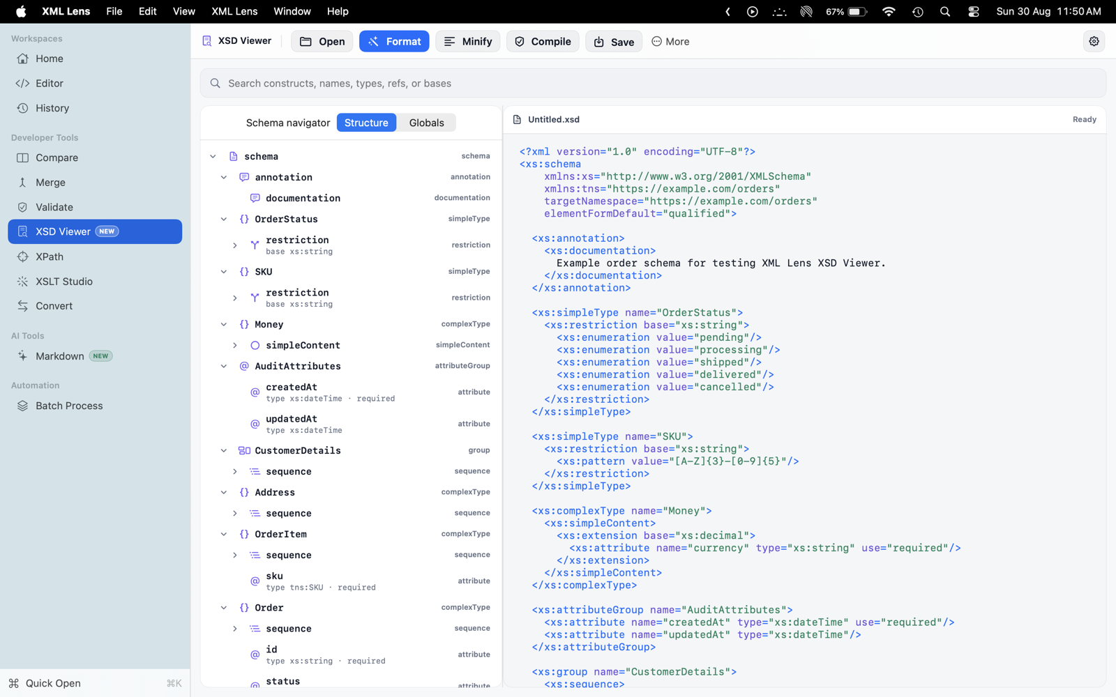 XML Lens XSD Viewer on macOS showing an expandable schema structure tree beside syntax-highlighted XML Schema source